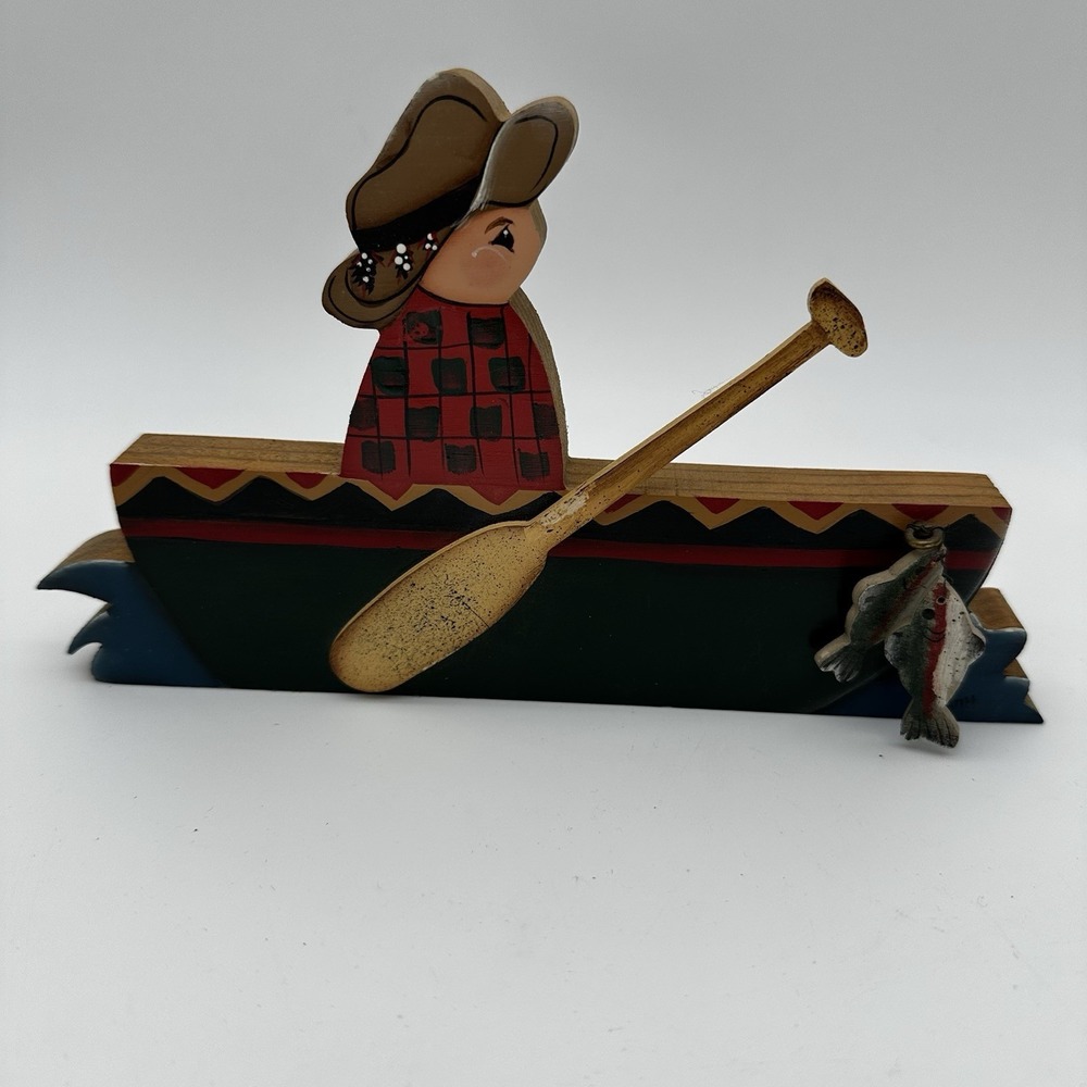 Vintage Handmade Folk Art Small Wooden Fisherman with Wire Fish Toy Cottage core